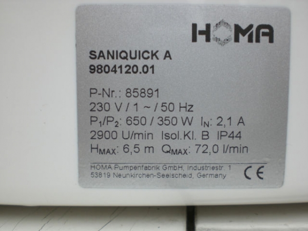 Заводская маркировка канализационной насосной установки Homa Saniquick A