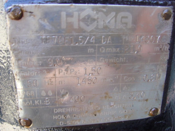 Заводская табличка на насосе производства HOMA Pumpenfabrik GmbH